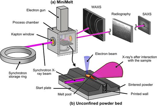 (a) Schematic of the PBF-EB experimental setup (MiniMelt) for measurements of Wide-Angle X-ray Scattering (WAXS), radiography, and Small-Angle X-ray Scattering (SAXS) in a synchrotron. (b) Schematic of the unconfined powder bed where the x-ray beam interacts with the sample.