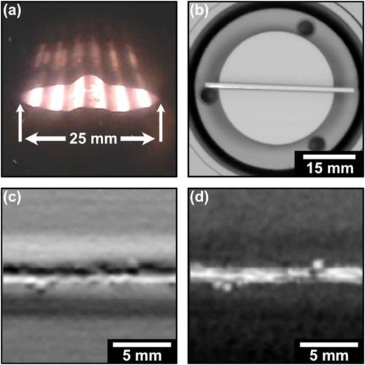Example images of the process monitoring capabilities of the MiniMelt system. (a) Shows a snapshot of a video recording of a powder build using a webcam via the viewport. (b) Shows an ELO image (in material/density contrast mode) of a bulk sample inside the build tank (used for beam path positioning), while (c) and (d) show ELO images of a single line melt within the unconfined powder bed in topography and density contrast mode, respectively.