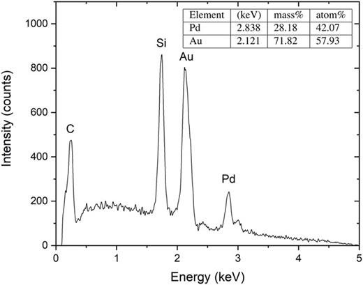 Energy-dispersive x-ray spectroscopy of the AuPd nanowire of a nominally identical sample to that cryogenically measured in this work.