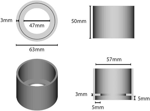 Schematic diagram of the cover gas cup with dimensions specific to the PP50 lower geometry of the Anton Paar MCR702e rheometer.