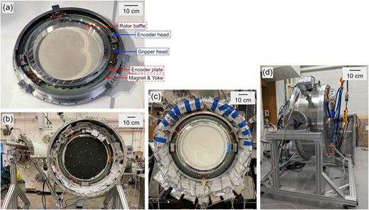 CHWP rotation mechanisms during testing. Panel (a) shows the rotation mechanism with the sapphire stack for the SAT cryostat at UCSD. Panels (b) and (c) show the rotation mechanisms installed in the SAT cryostat at LBNL and Princeton University, respectively. In panel (b), the black object mounted on the rotor is a dummy mass, used to mimic the realistic mechanical and thermal conditions. Panel (d) shows the CWHP test cryostat at the University of Tokyo.