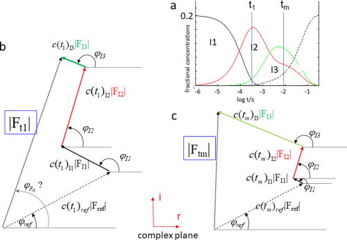 Time-dependent structure factors. The structure factor Ft with ampitude |Ft| and an unknown phase (φFt) is considered for two time points t1 and tm. Representation in the complex plane (Argand diagram). (a) Concentration profile of three intermediates. Fractional concentrations are plotted against log t. (b) Situation at time point t1. Ft is obtained by a summation of structure factors of the reference state (Fref) plus those of the intermediate species (FI1 … FI3). All structure factors are weighted by their respective fractional concentrations (cref, cI1 … cI3). (c) Situation at time point tm. The structure factor amplitude |Ftm| is different in length from that in (b). Phases except that of the reference state are unknown. The structure factor amplitudes of the intermediate species are also unknown. All fractional concentrations are equally unknown. The structure factor of the reference state (Fref) is known with amplitude and phase, and the fractional concentration of the reference state can be deduced using the mass conservation law [Eq. (2)]. Only the amplitude |Ft| of the structure factor Ft is measurable for each time point. The phase is not known [denoted by the question mark in (b)].