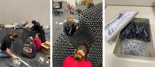 Delegates from the 26th IUCr congress Constructing our Cubic activity, building the world's largest diamond structure model. The far right image shows one of the ‘Crystal Explorer Kit's constructed from the model that are being sent to regional primary schools with a teaching booklet.