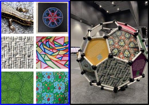Blue panel: A selection of winners of the 2022 Pattern competition, with “See a Pattern” on the left and “Make a Pattern” on the right. Images from Mayram (Eastern water skink), Calissa (Woven wall), Jacob (Cells of a fiddle leaf fig), Matilda (String art pattern), Myla (Tessellations) and Patrick (Monsters, monsters everywhere). Black panel: Image of the giant buckyball model used to exhibit the winners at IUCr 2023.