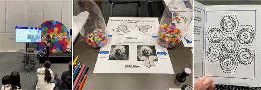 Examples of the activities at the “Crystal-A-Con” held during the 26th IUCr Congress, from left to right pictured are the Triclinic “Meet the crystallographer” stage featuring Professor Louise Dawe, one activity from our Trigonal “Patterns of the world” activity, and a completed passport from all the activities.