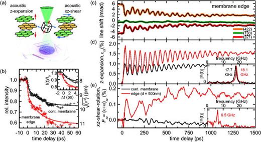 FIG. 3. Time-dependent Bragg-line changes and dynamics of selected components of the deformation gradient tensor. (a) Local probing of the mean unit cell deformations reveals two dominating mechanical modes: an out-of-plane z-axis expansion and an acoustic shear-rotation in the xz-plane. (b) Change in (452) Bragg-line intensity and square root of atomic mean square displacement u2 in the in-plane direction after optical excitation for probing at the graphite edge (red) and in a continuous part of the membrane (black). (c) Experimentally obtained delay-dependent center-of-mass shift (black line) and reconstructed mean line position (colored line, background) of the (422), (1¯3¯0), and (3¯2¯1¯) Bragg lines, probed at the graphite edge. (d) and (e) Reconstructed z-axis expansion (d) and in-plane xz-shear-rotation (e) components (red: membrane edge, black: continuous membrane) with respective Fourier analysis (inset, |Y(f)|: Fourier amplitude).